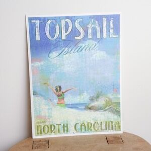 Topsail Island Art Print Travel Poster Girl Beach Coastal Imagery Retro Obrien